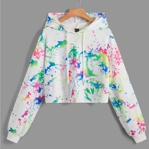 SHEIN White Cropped Hooded Oversized Sweatshirt Splash Drop‎ Ink Print Size L